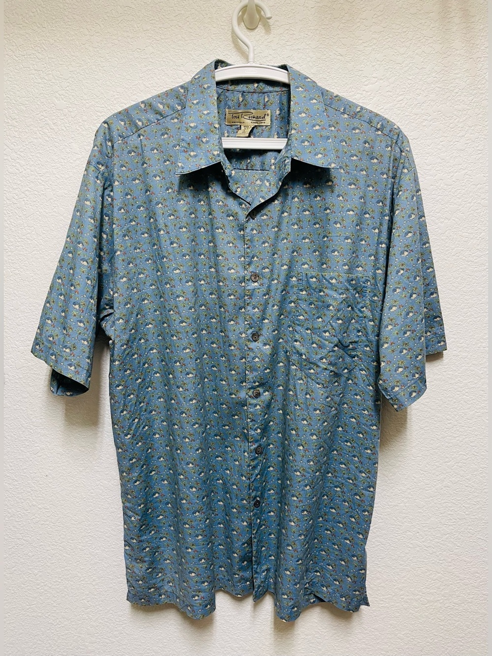 TORI RICHARD Vintage Cotton Lawn Grass Shacks & Palms Hawaiian Button Up Shirt L